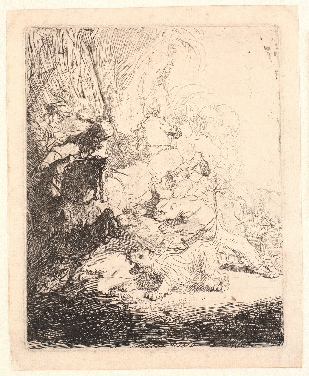 La pequeña caza del león (con dos leones) de Rembrandt van Rijn