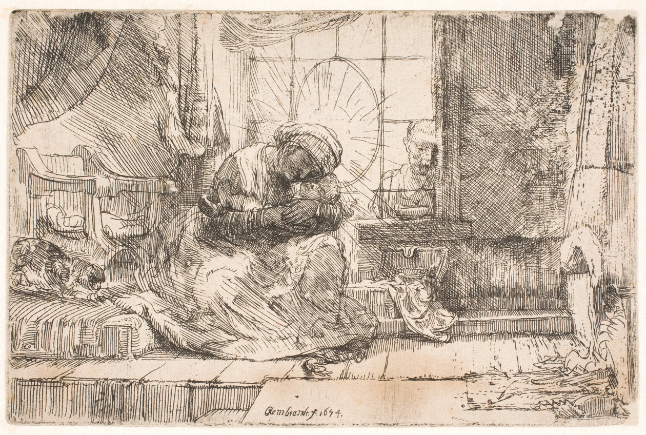 La Virgen con el Niño y el gato: y José en la ventana de Rembrandt van Rijn