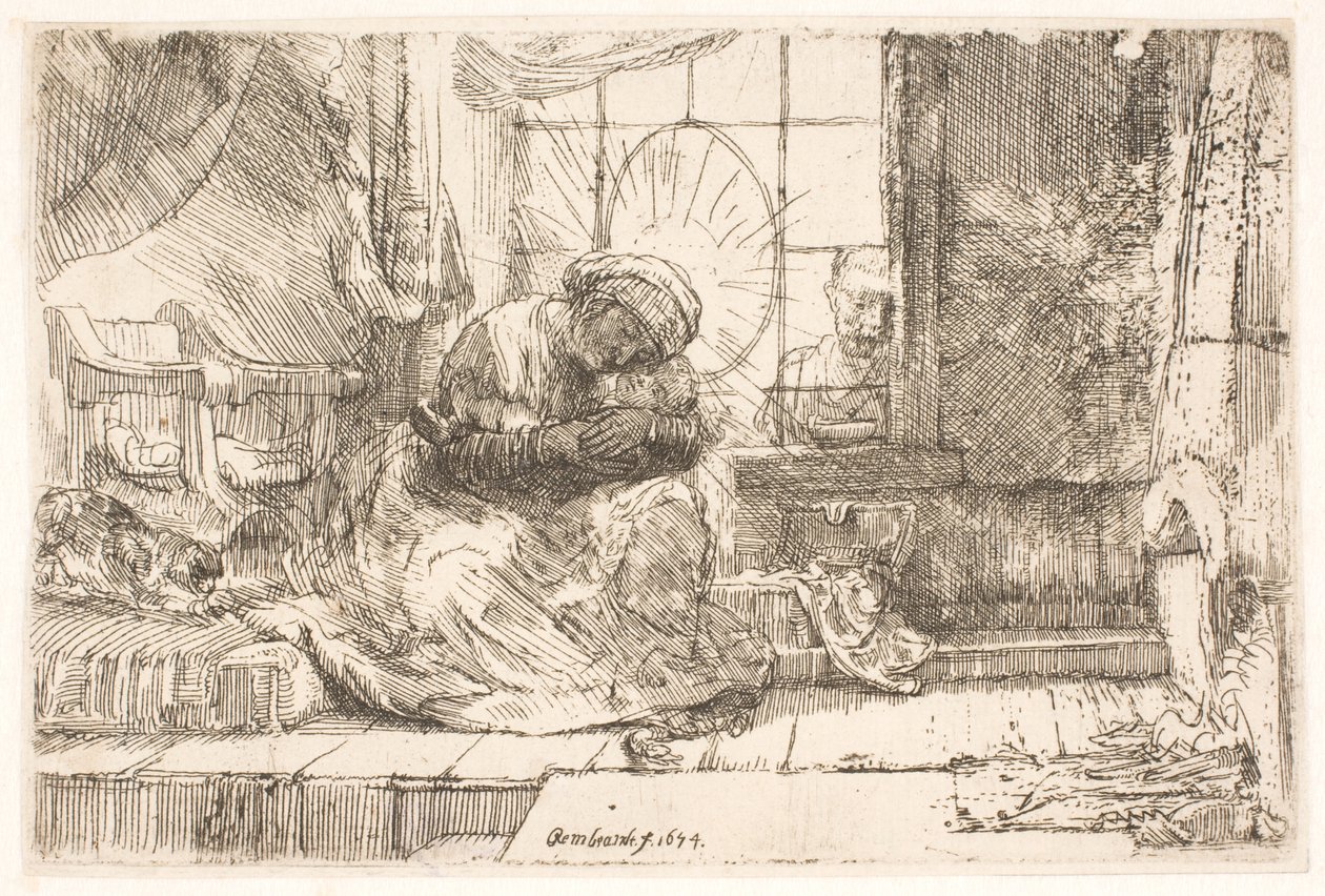 La Virgen con el Niño y el gato: y José en la ventana de Rembrandt van Rijn