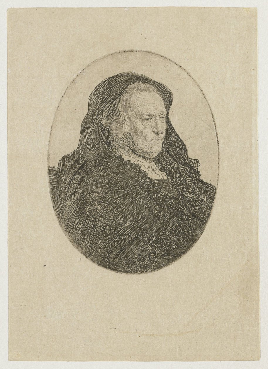 La madre del artista, sentada a una mesa, mirando hacia la derecha: retrato de tres cuartos de Rembrandt van Rijn