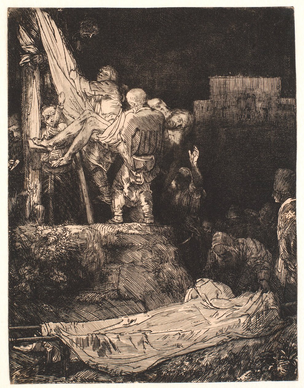 El descenso de la cruz: a la luz de las antorchas de Rembrandt van Rijn