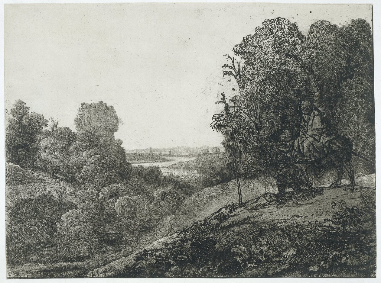 La huida a Egipto: lámina modificada de Seghers de Rembrandt van Rijn