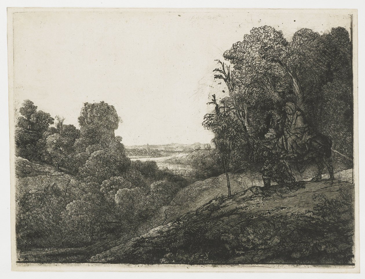 La huida a Egipto: lámina modificada de Seghers de Rembrandt van Rijn