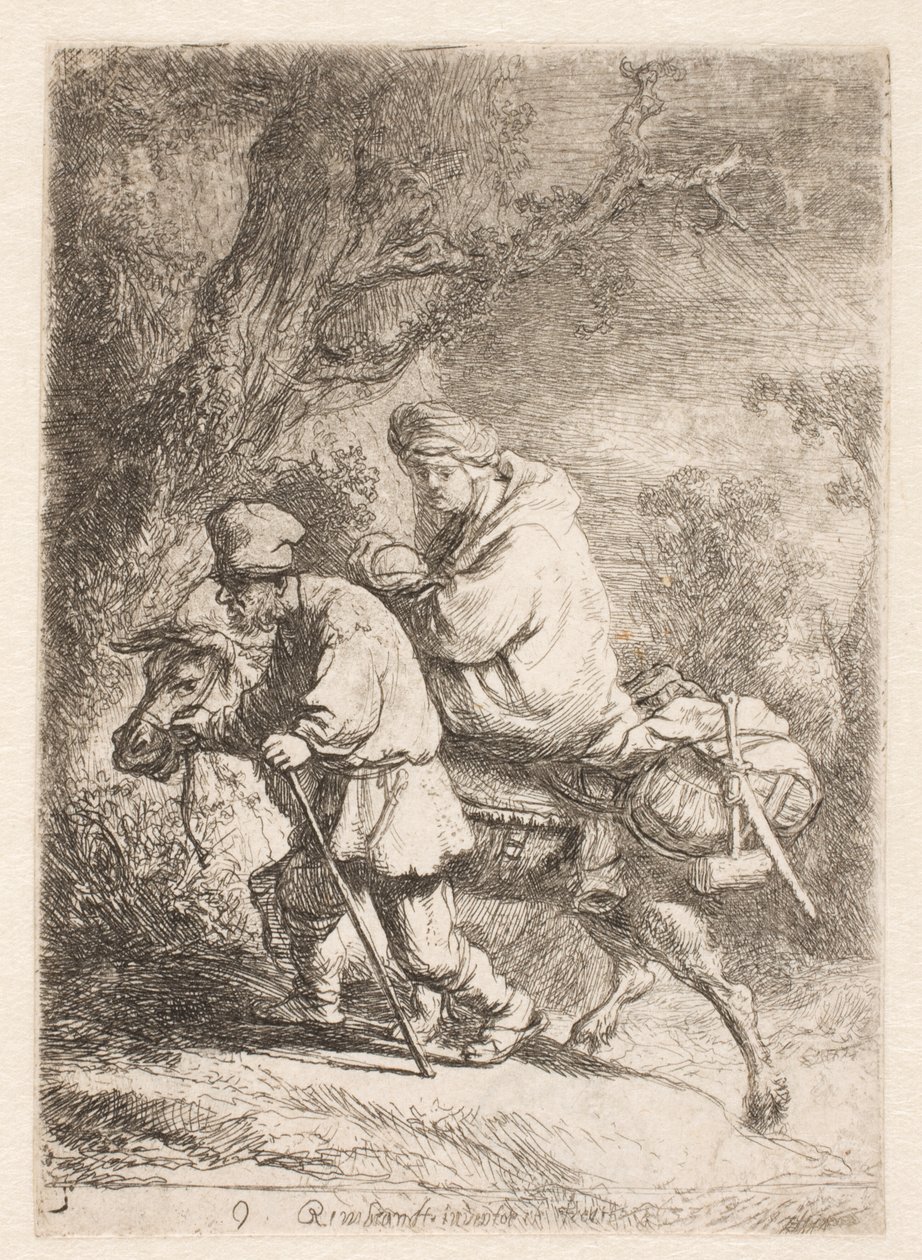 La huida a Egipto: plato pequeño de Rembrandt van Rijn