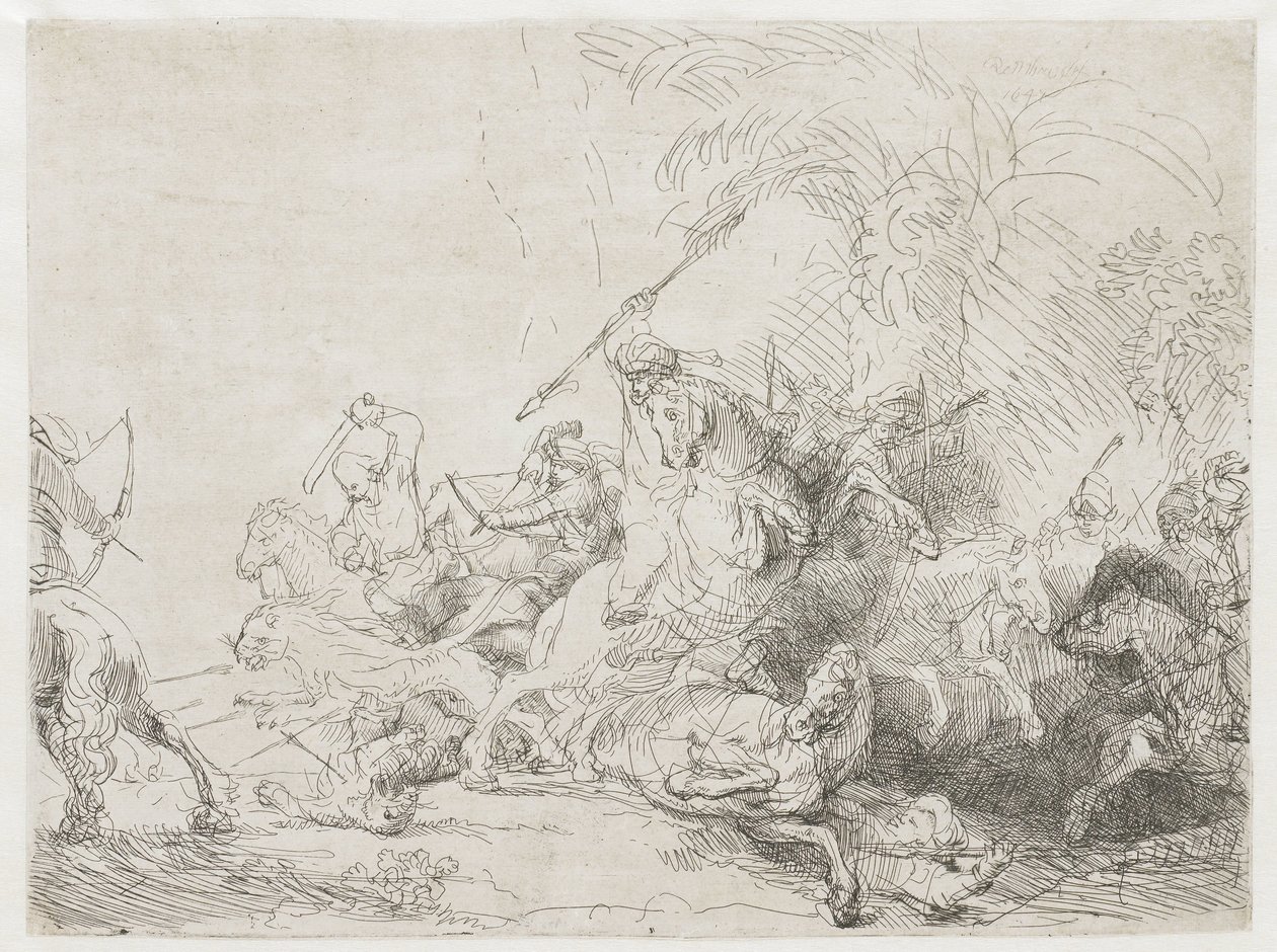 La caza del gran león de Rembrandt van Rijn