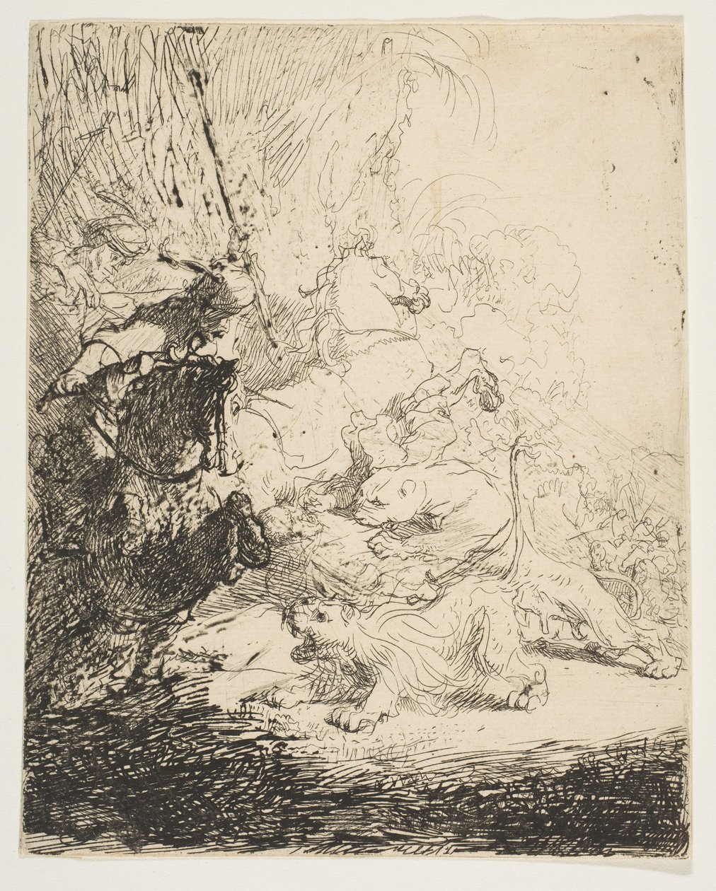 La pequeña caza del león, con dos leones de Rembrandt van Rijn