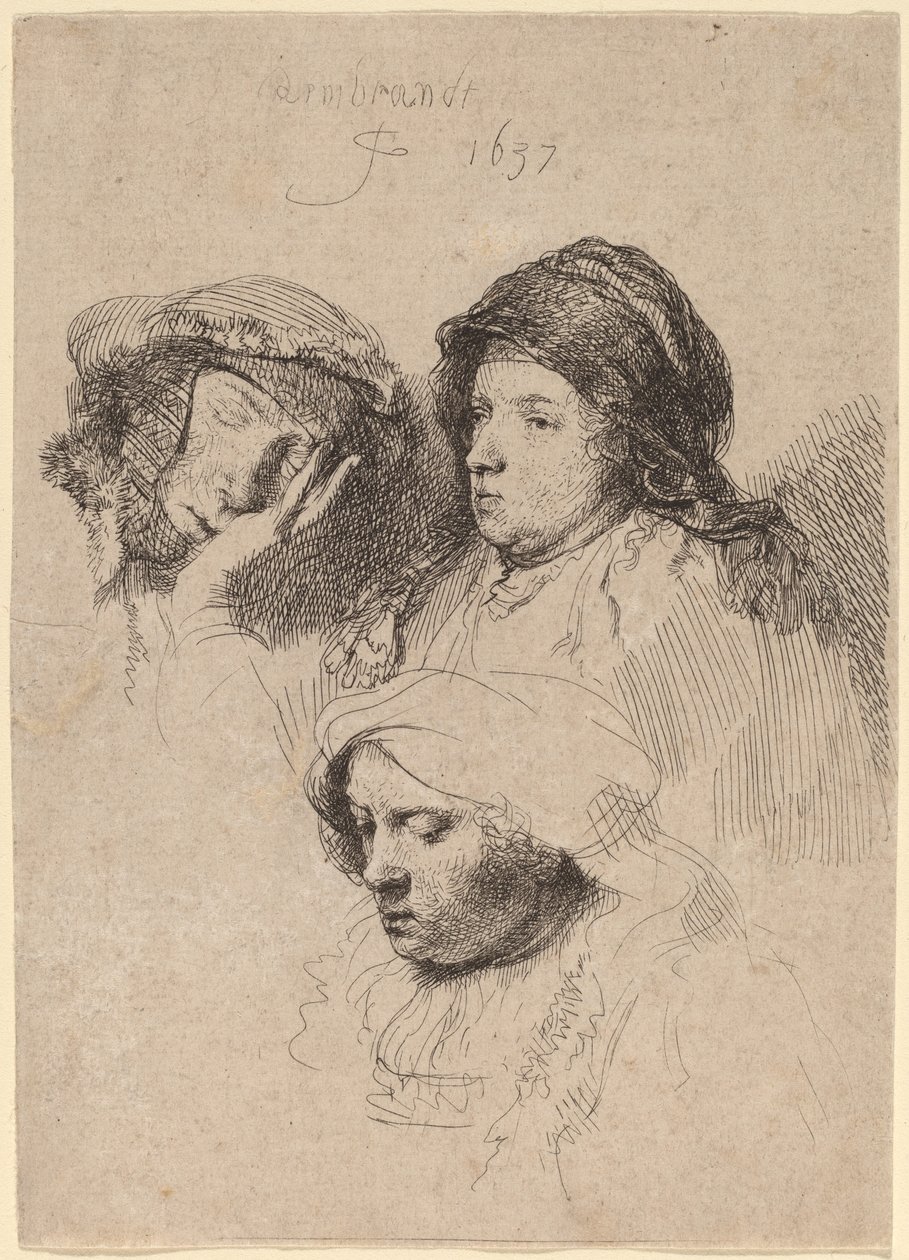 Tres cabezas de mujeres, una dormida de Rembrandt van Rijn