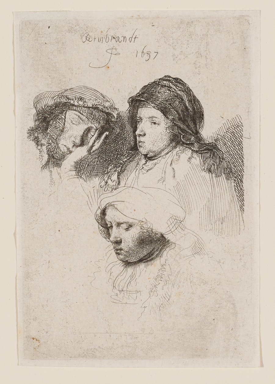 Tres rostros de mujer, una dormida de Rembrandt van Rijn