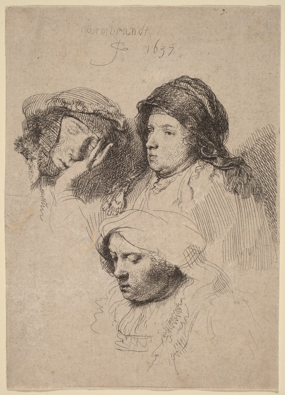 Tres rostros de mujer, una dormida de Rembrandt van Rijn