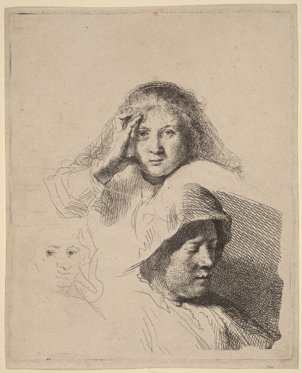 Tres rostros de mujer, uno ligeramente grabado de Rembrandt van Rijn