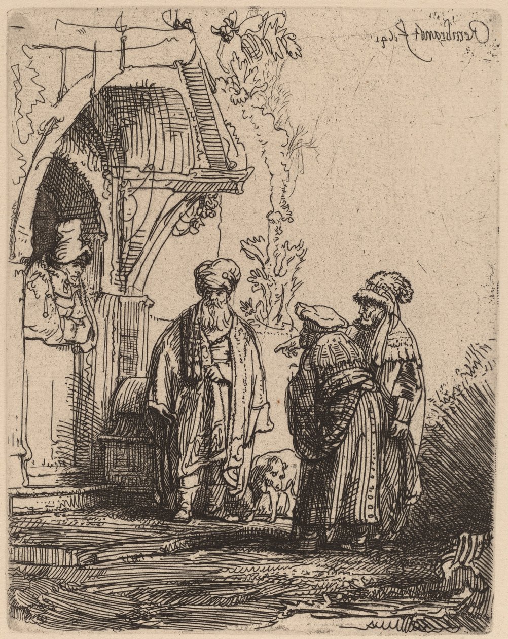 Tres figuras orientales (¿Jacob y Labán?) de Rembrandt van Rijn
