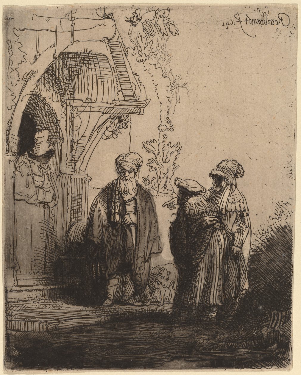 Tres figuras orientales (¿Jacob y Labán?) de Rembrandt van Rijn