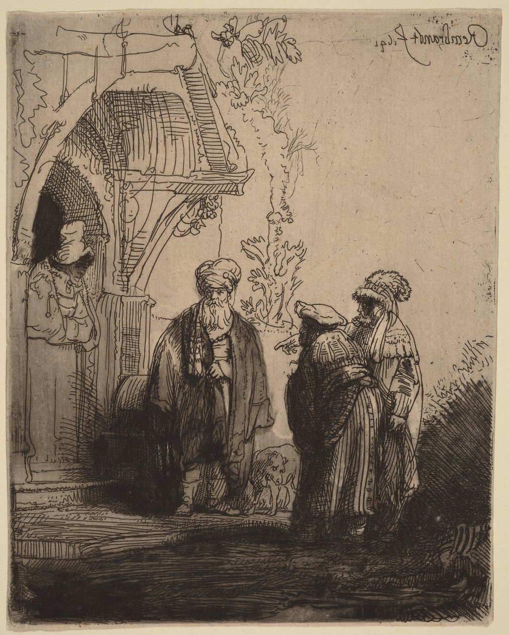Tres figuras orientales (¿Jacob y Labán) de Rembrandt van Rijn