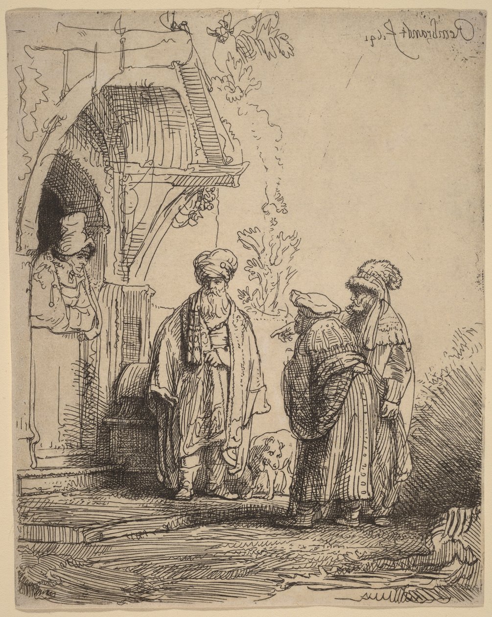 Tres figuras orientales (¿Jacob y Labán) de Rembrandt van Rijn