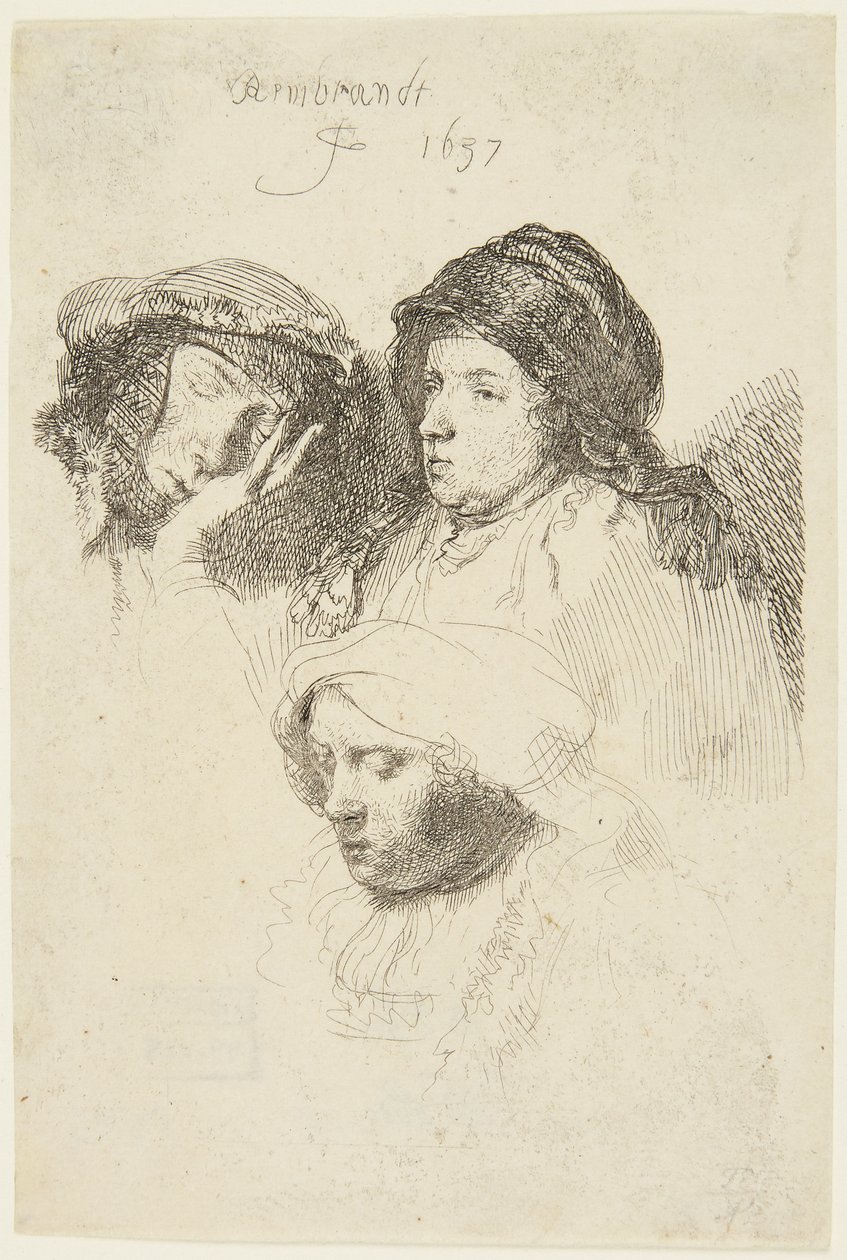 Tres cabezas de mujer de Rembrandt van Rijn