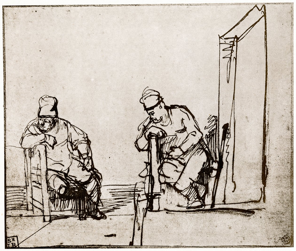Dos hombres sentados en una puerta de Rembrandt van Rijn