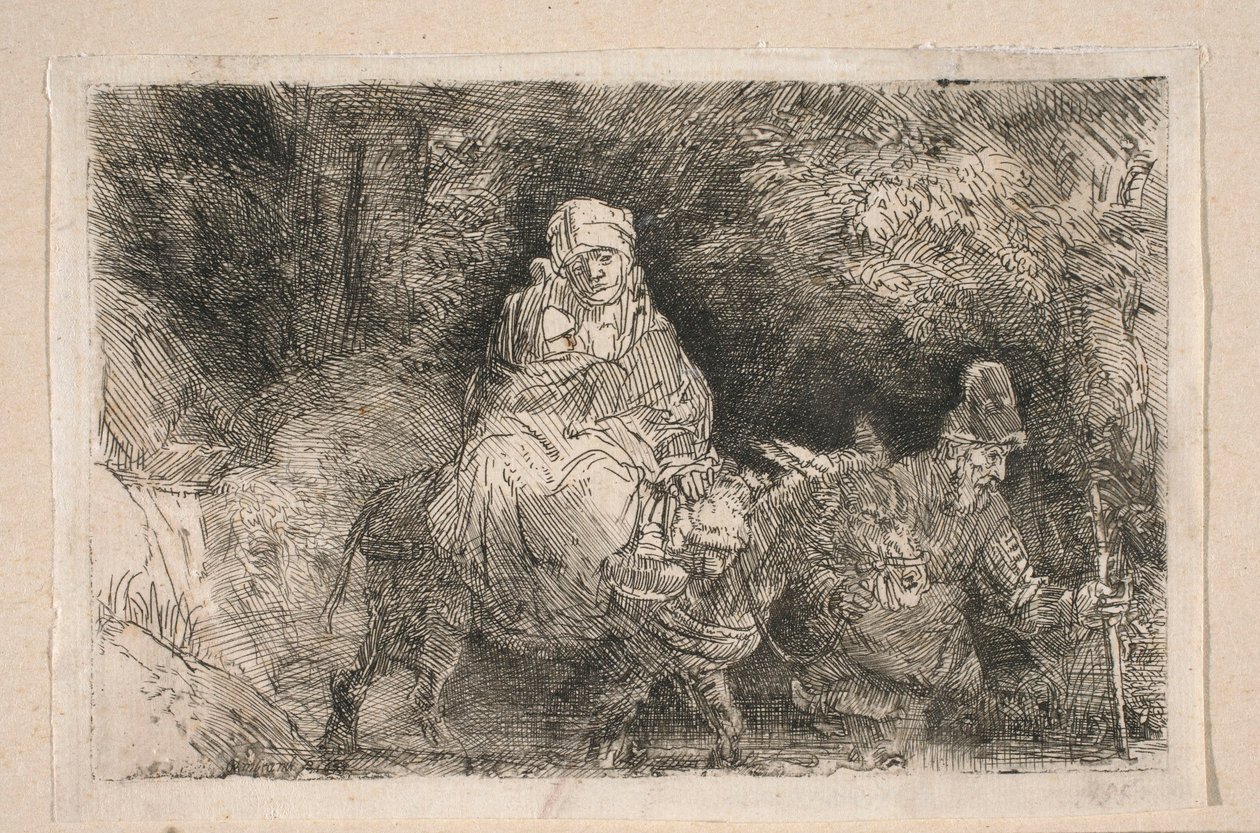 La huida a Egipto: la Sagrada Familia cruzando un arroyo de Rembrandt van Rijn