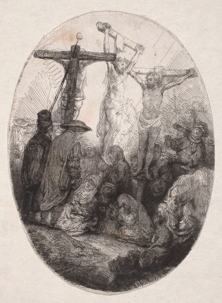 La crucifixión entre dos ladrones (placa ovalada) de Rembrandt van Rijn