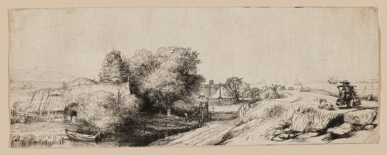 Vista del Diemerdijk con un lechero y cabañas de Rembrandt van Rijn