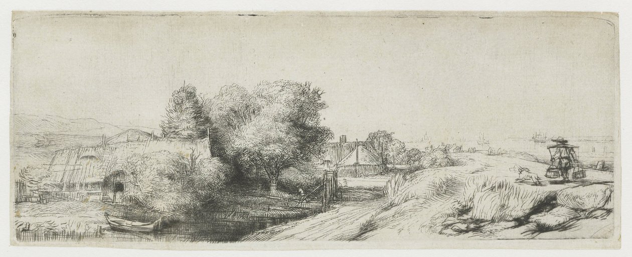 Vista del Diemerdijk con un lechero y unas casitas de Rembrandt van Rijn