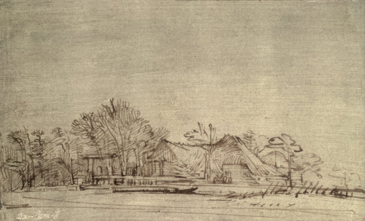 Paisaje invernal con cabañas entre árboles, c.1650 de Rembrandt van Rijn