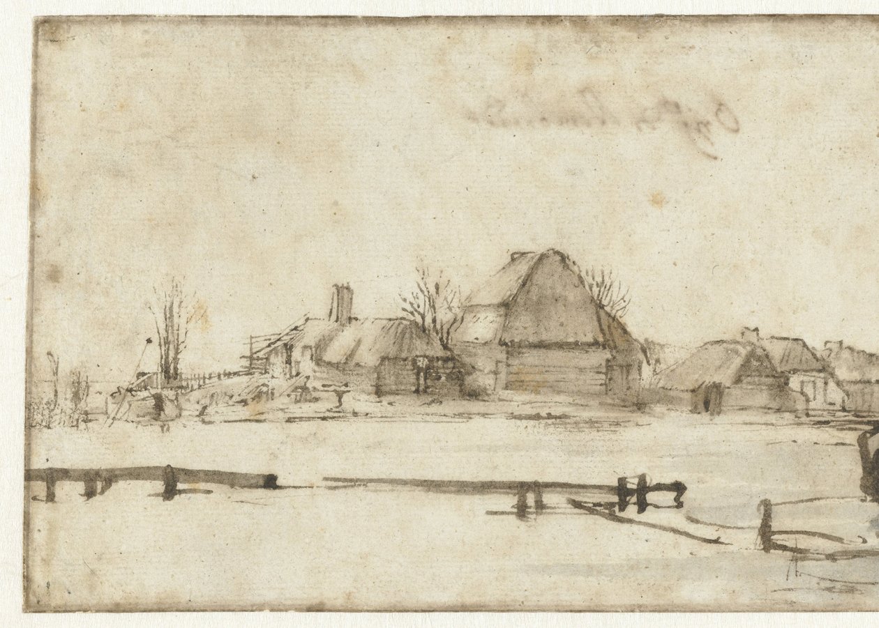 Vista de invierno con un canal, cabañas y dos barcos de Rembrandt van Rijn