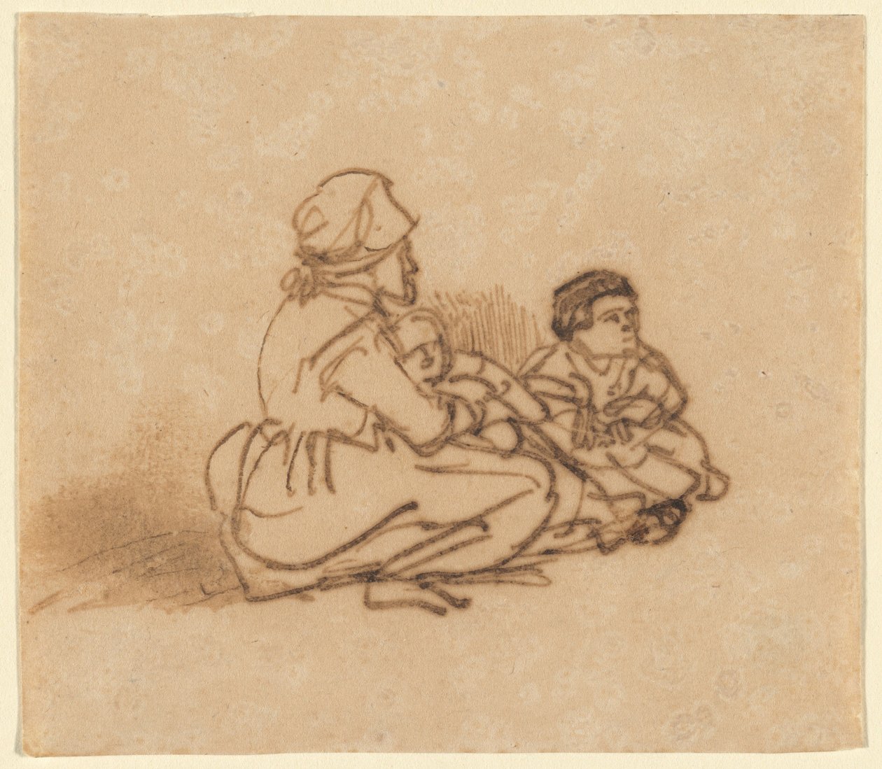 Mujer sentada en el suelo con dos niños de Rembrandt van Rijn