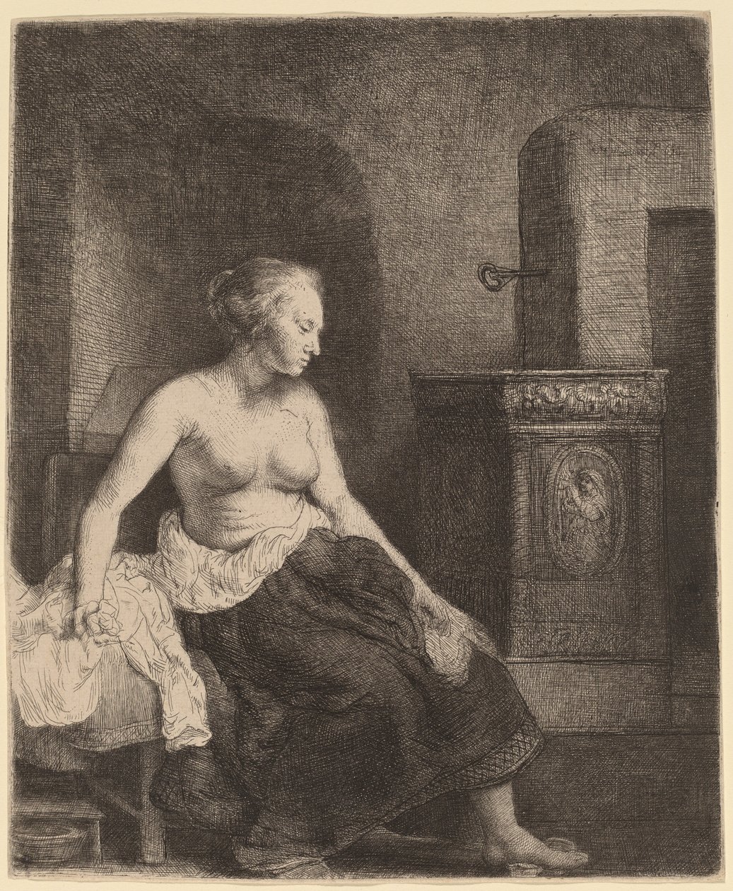 Mujer sentada medio vestida junto a una estufa de Rembrandt van Rijn