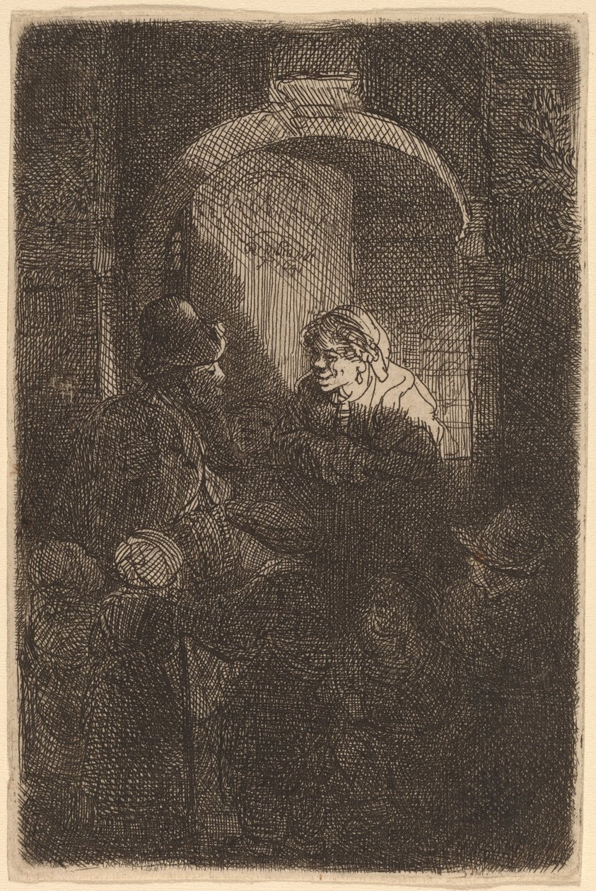 Mujer en una puerta hablando con un hombre y niños (El maestro de escuela) de Rembrandt van Rijn