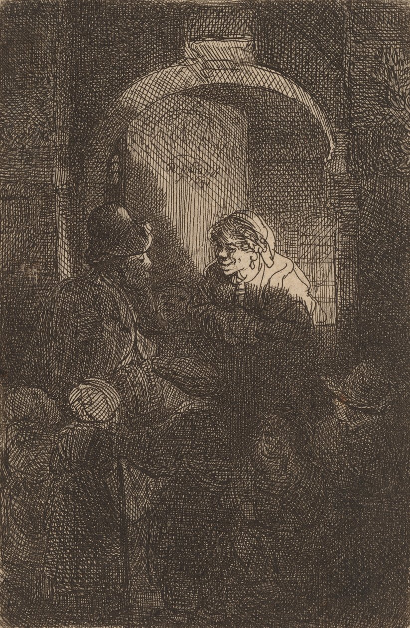 Mujer en una puerta hablando con un hombre y niños, 1641 de Rembrandt van Rijn