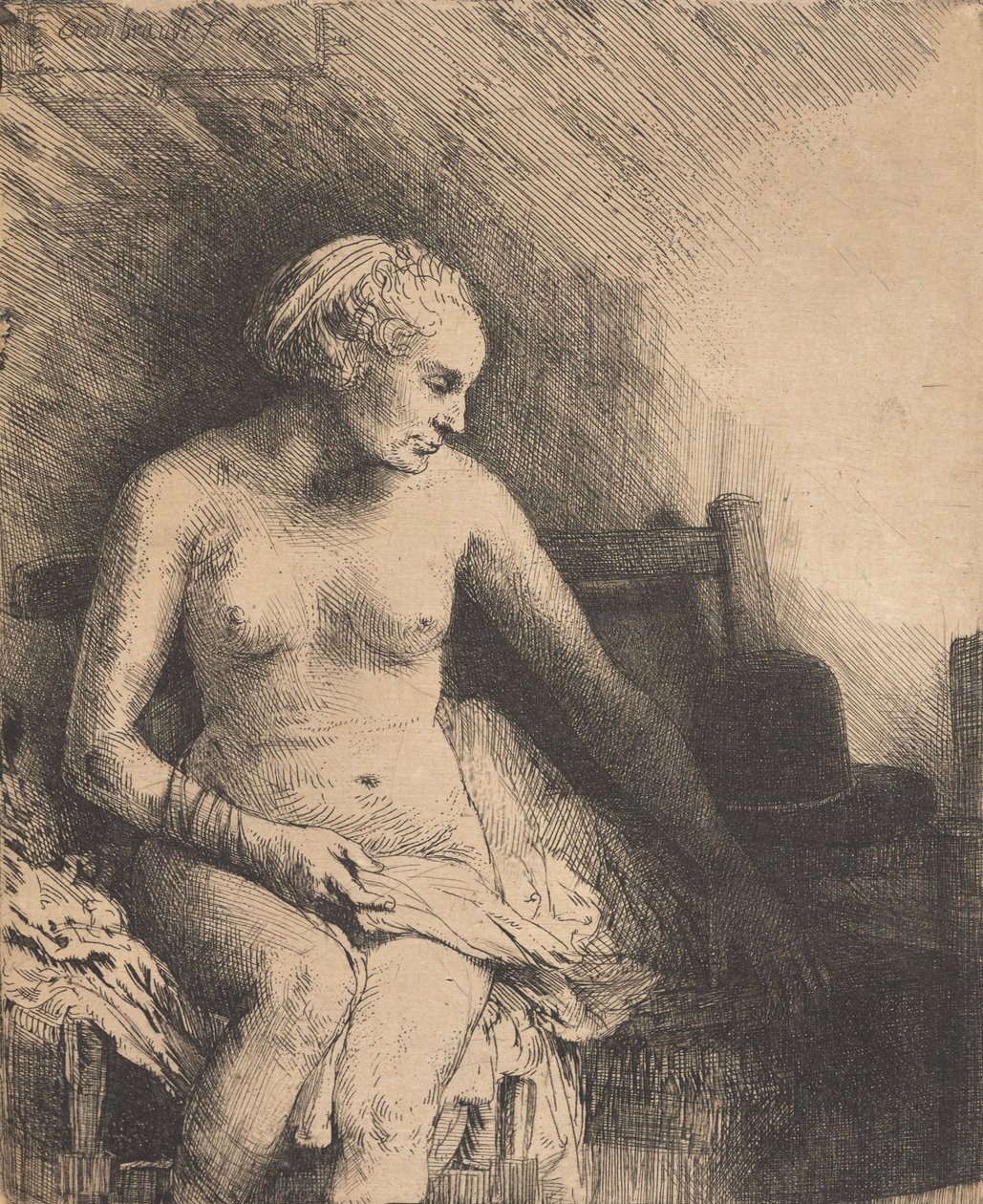 Mujer en el baño con un sombrero a su lado de Rembrandt van Rijn