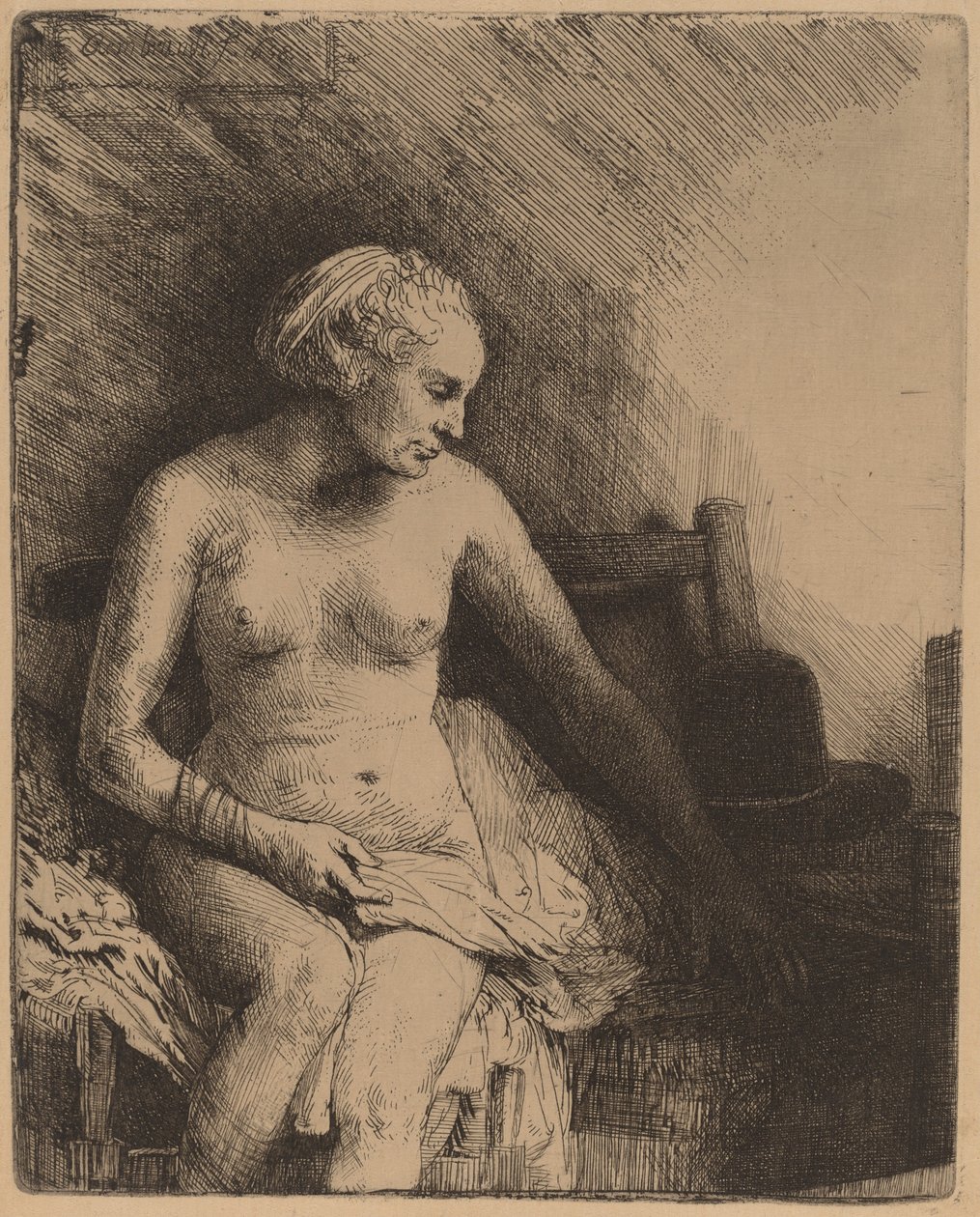 Mujer en el Baño con un Sombrero a su Lado de Rembrandt van Rijn