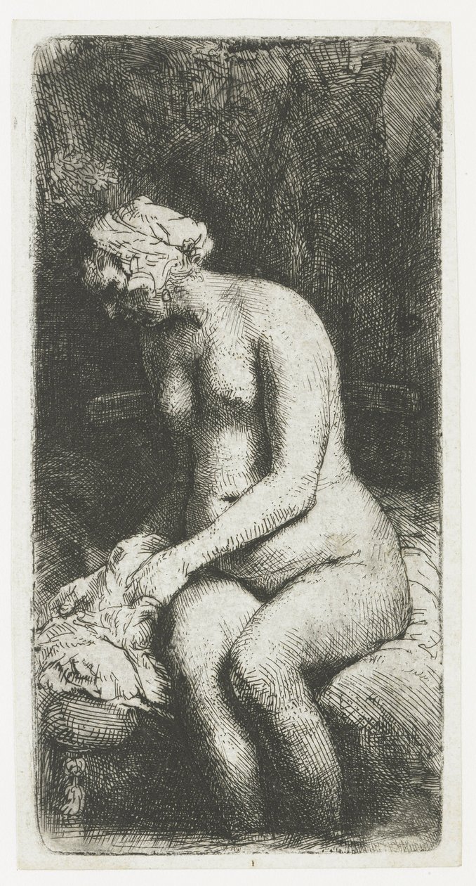 Mujer bañándose los pies en un arroyo de Rembrandt van Rijn