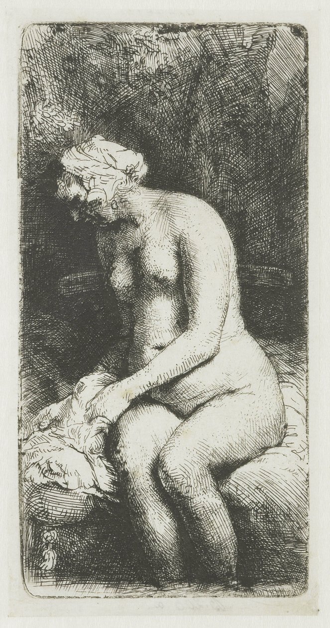 Mujer bañando sus pies en un arroyo de Rembrandt van Rijn