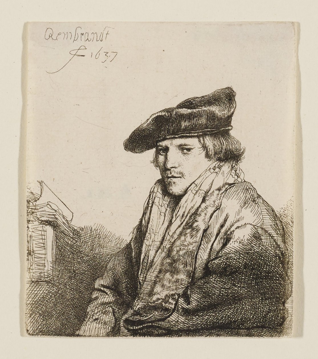 Joven con gorro de terciopelo y libros a su lado de Rembrandt van Rijn