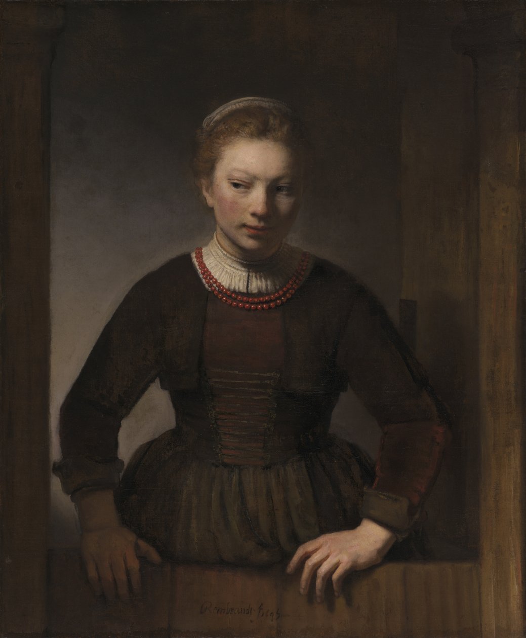 Joven mujer en una puerta entreabierta, 1645 de Rembrandt van Rijn