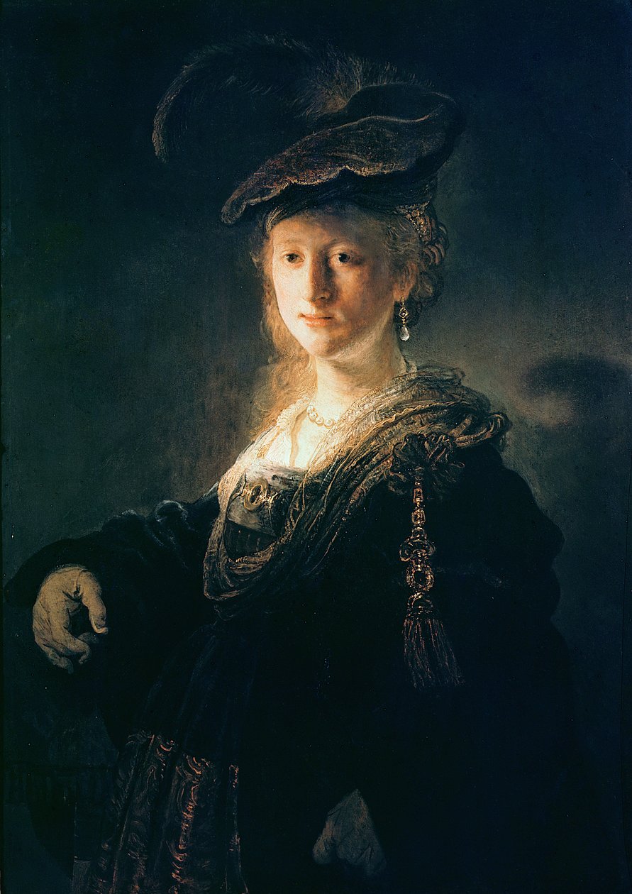 Joven mujer con disfraz de Rembrandt van Rijn