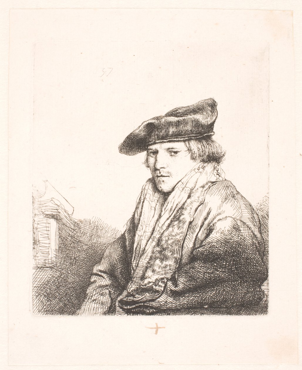 Joven con gorra de terciopelo con libros a su lado de Rembrandt van Rijn