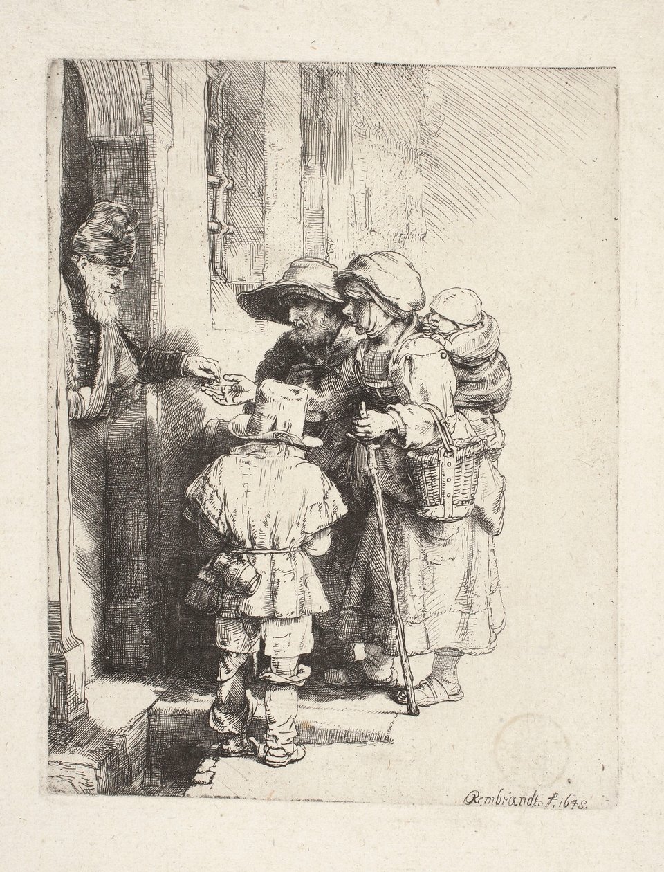 Mendigos que reciben limosna en la puerta de Rembrandt van Rijn