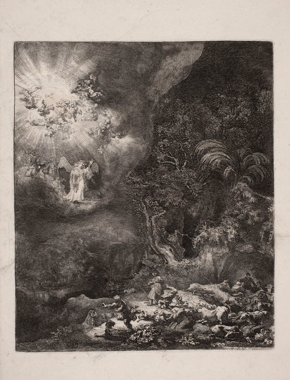 La Anunciación a los pastores de Rembrandt van Rijn