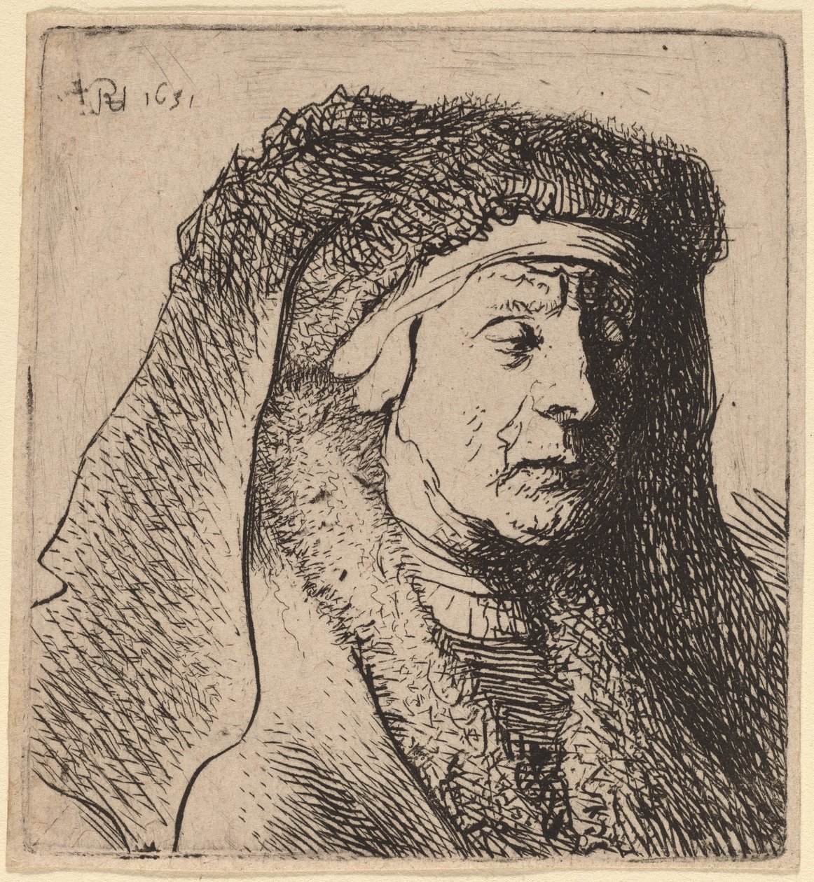 Busto de una anciana con capa de piel y tocado pesado de Rembrandt van Rijn and Studio of Rembrandt