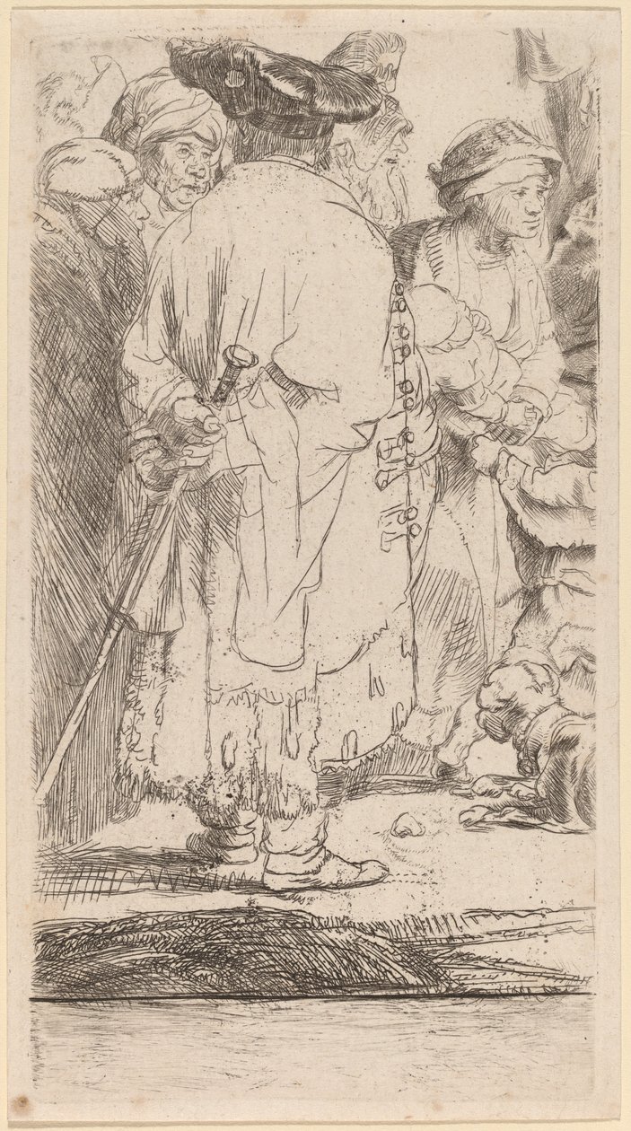 El hombre con un bastón (Fragmento de la impresión de los cien florines) de Rembrandt van Rijn and William Baillie
