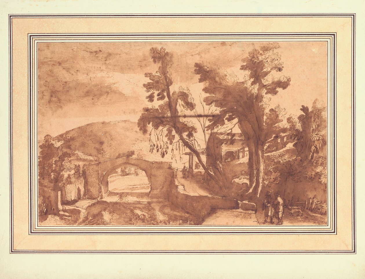 Paisaje montañoso con un puente sobre un río, figuras en un camino junto a una granja a la derecha (tinta y aguada con tiza sobre papel) de Remigio Cantagallina