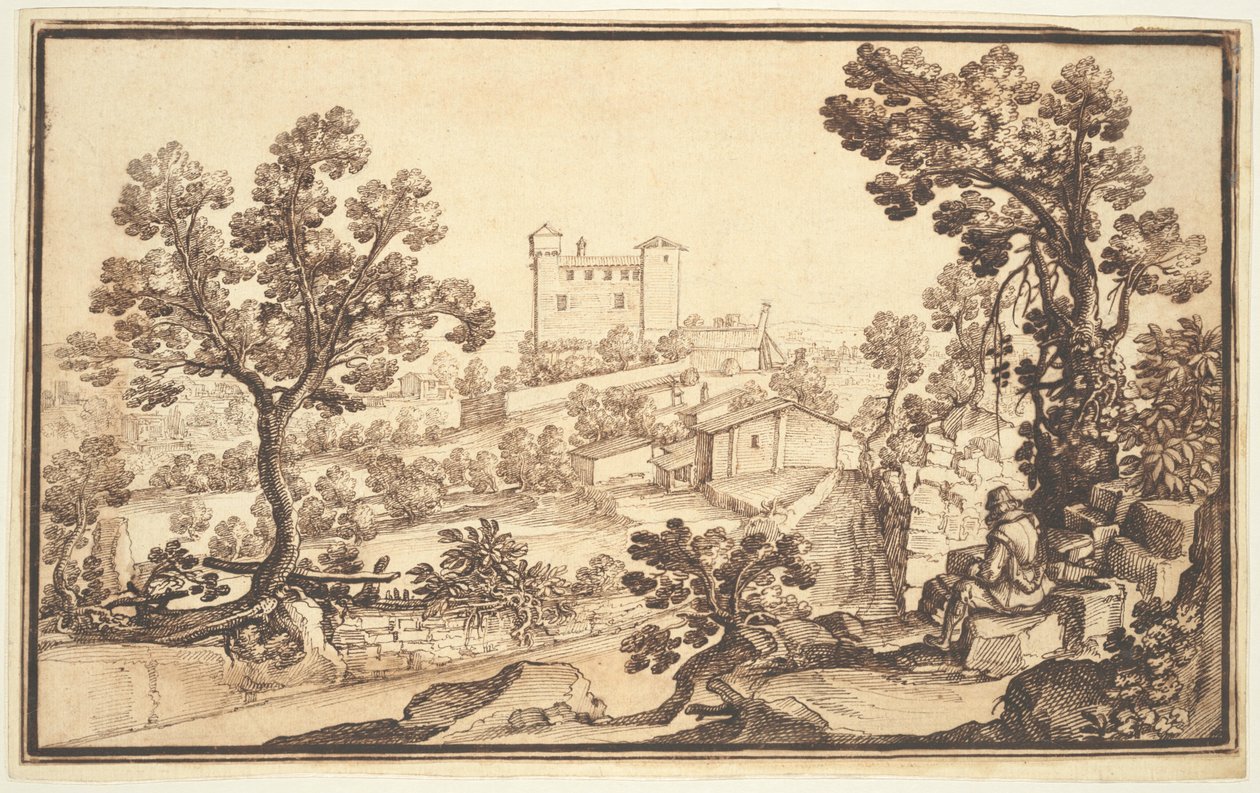 Paisaje con Hombre Descansando, Casas de Campo y un Castillo de Remigio Cantagallina