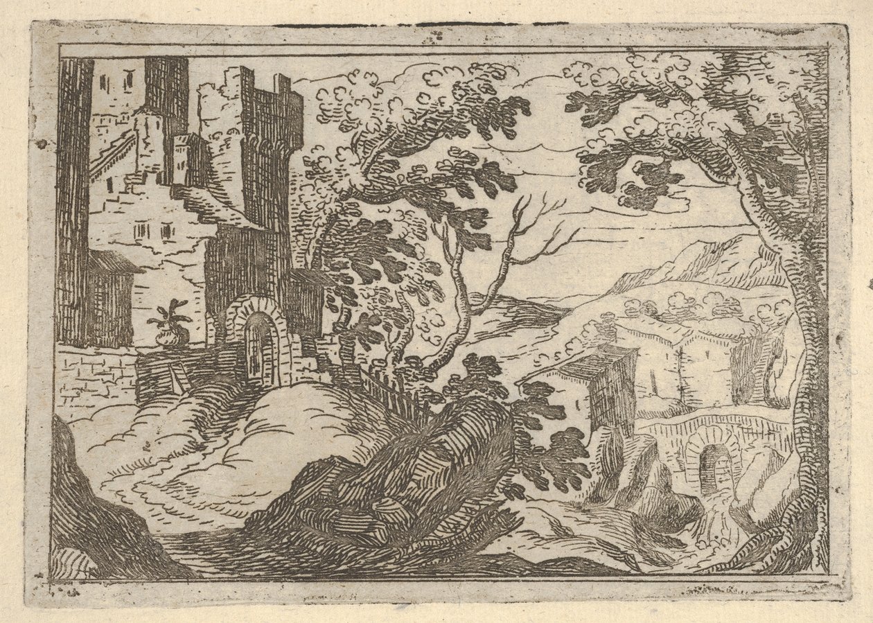 Paisaje con edificios a la izquierda y un puente a la derecha abajo, ca. 1620-50 de Remigio Cantagallina