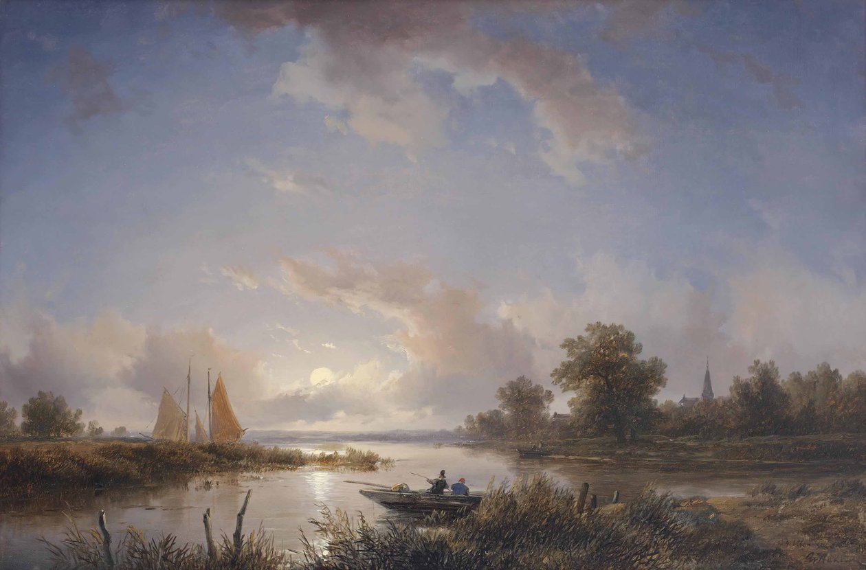 Pescadores en un bote de remos al atardecer de Remigius Adrianus Haanen