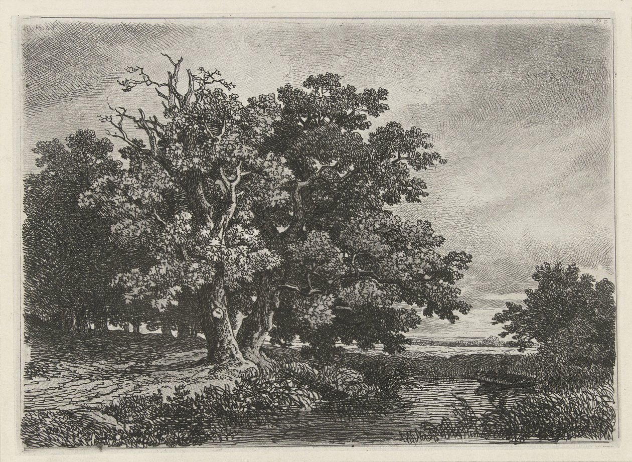 Árboles en un charco con un bote de Remigius Adrianus Haanen