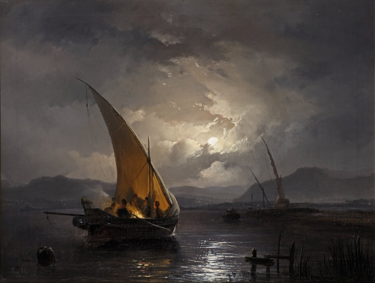 Un paisaje nocturno con un velero donde se enciende un fuego, después de 1860 de Remigius van Haanen
