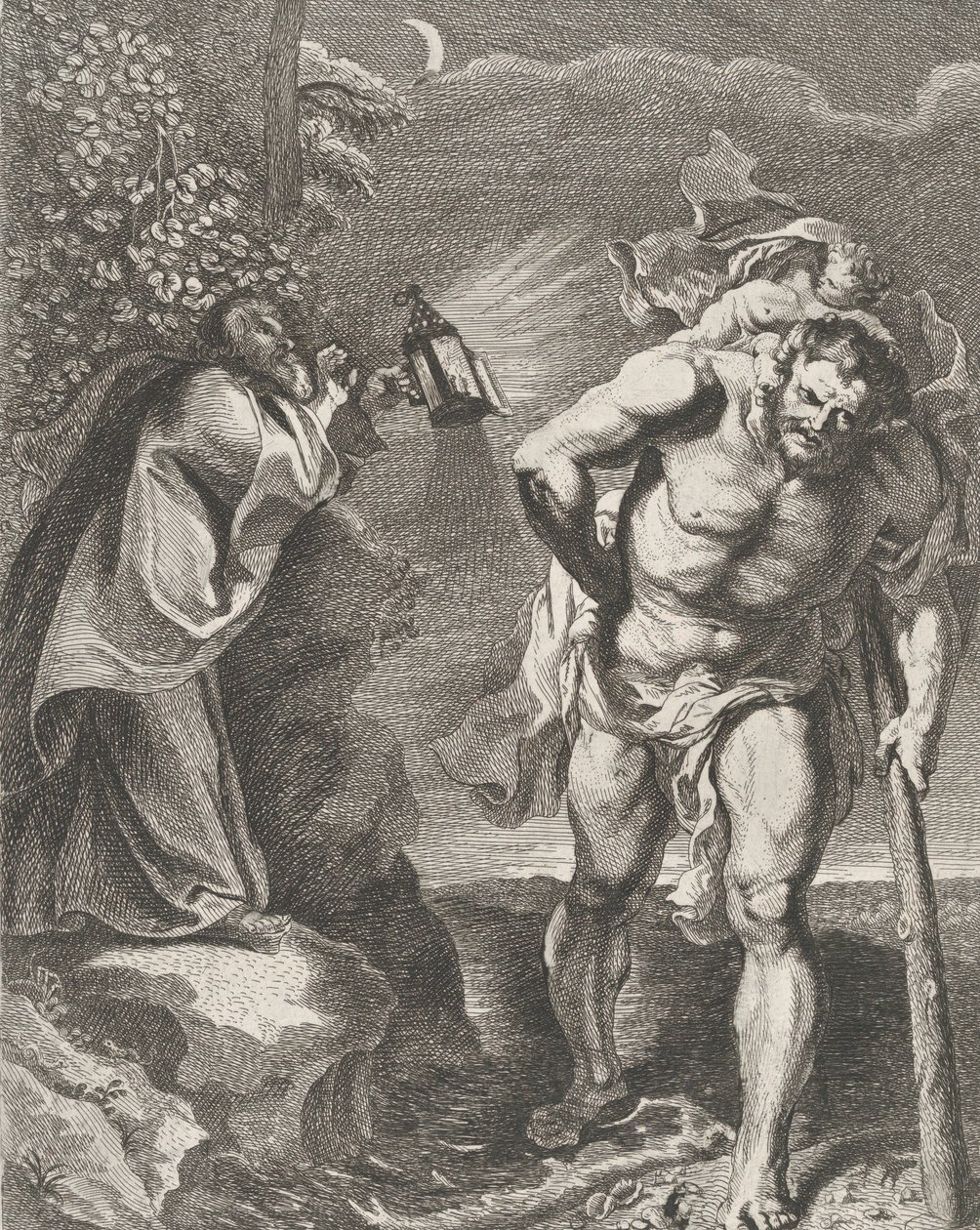 San Cristóbal llevando al niño Cristo a través de un arroyo, otro hombre sosteniendo..., ca. 1636-80 de Remoldus Eynhoudts