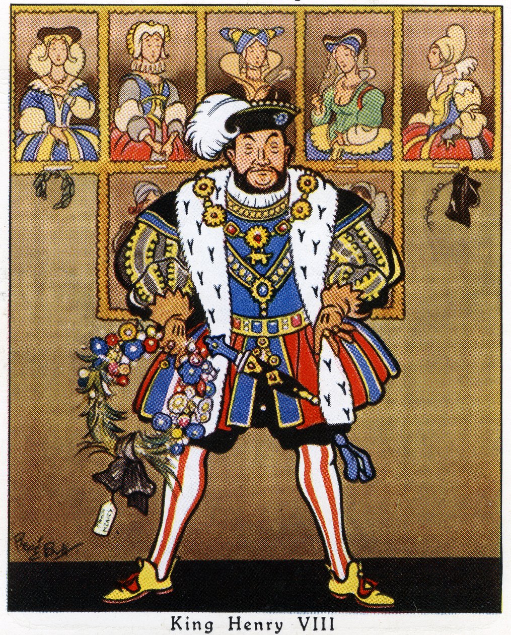 El Rey Enrique VIII decorando los retratos de sus esposas con acebo, muérdago y una corona para Navidad, 1936 de René Bull